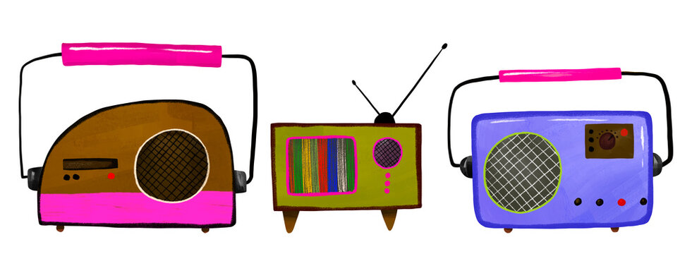 Set of hand drawn 80s retro devices: small green tv with test bars, blue boombox and pink radio. Isolated illustration for retro collection themes, party flyers or graphics.