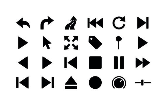 Playback Arrow Controls. Solid glyph icon set of user interface navigation and playback objects: go back button, turn right arrow, curvy road ahead, rewind button, restart arrow, next button, play