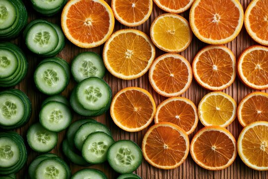 Fresh orange slices and cucumber rounds arranged on a rustic wooden table in a vibrant macro top-down shot for health and wellness marketing
