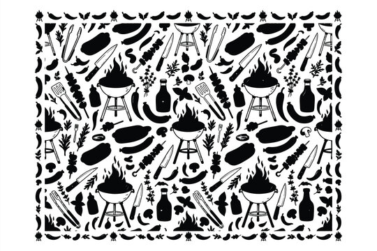 Black and white bbq illustration with grill food and utensils pattern