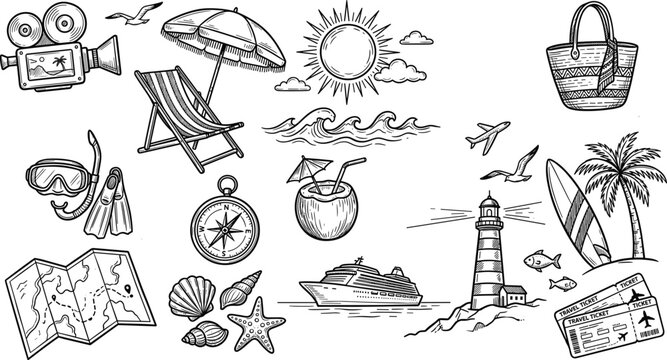 Hand drawn nautical summer beach vector set with lighthouse cruise ship lounge chair camera map and surfboard on white background