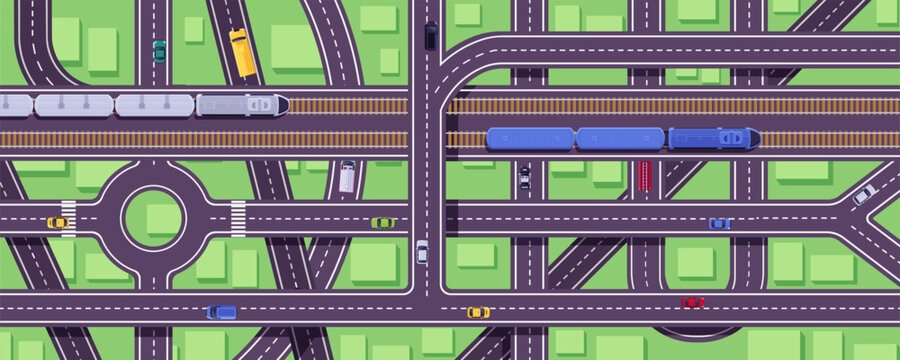 Railroad and highway vector flat illustration, cars, trains wagons and locomotive top view, railway transport traffic