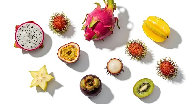Exotic fruits on white background.