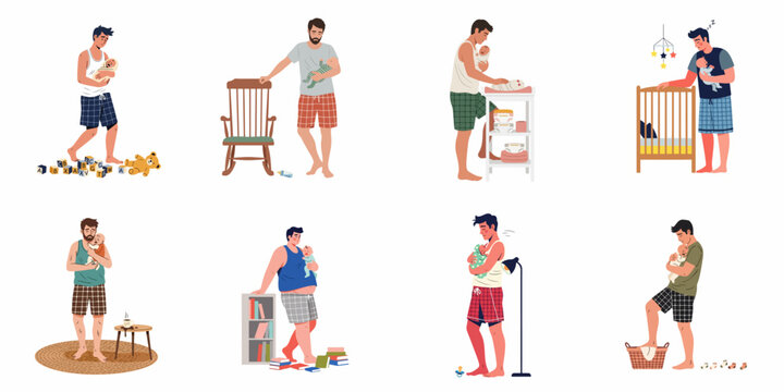 Illustrations of exhausted fathers caring for crying newborn babies at home, showcasing the challenges and fatigue of early parenthood and paternity leave.
