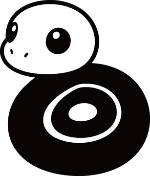 Cartoon-style black and white snake coiled in a circular shape with large eyes