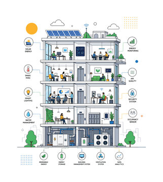 Smart Building Cutaway. A clean office tower section shows connected rooms, glowing control panels, solar elements, ventilation lines, and people working across different floors. Abstract data