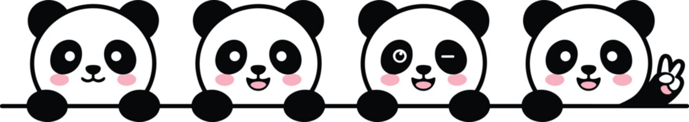 "Adorable cartoon panda faces with playful expressions and cute gestures resting on line for fun vector design projects" © SAHARA