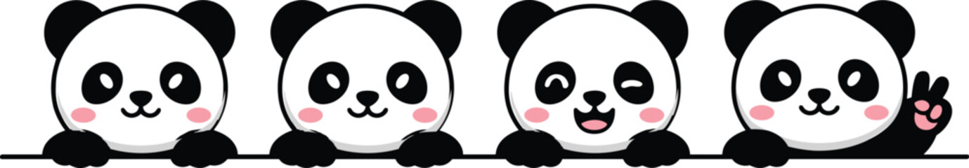 "Adorable cartoon panda faces with playful expressions and cute gestures resting on line for fun vector design projects" © SAHARA
