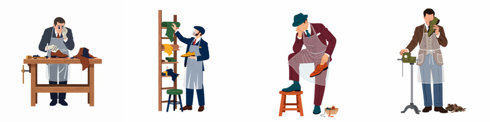 Fototapeta premium Set of illustrations featuring elegant shoemakers working with leather to create and repair bespoke footwear in a traditional workshop setting.