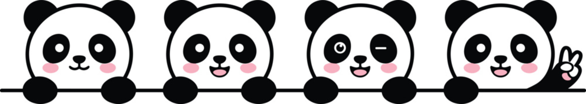 "Adorable cartoon panda faces with playful expressions and cute gestures resting on line for fun vector design projects"