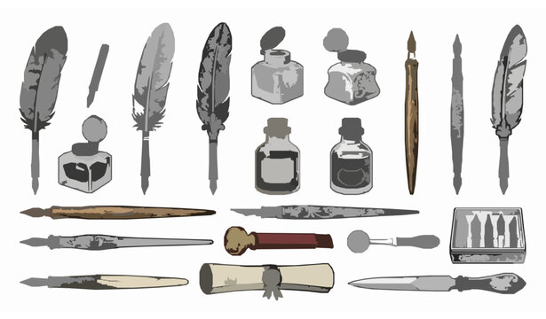 Vintage inkwell and feather quill dip pen set with antique writing tools hand drawn engraving sketch vector illustration