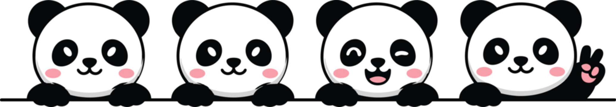 "Adorable cartoon panda faces with playful expressions and cute gestures resting on line for fun vector design projects"