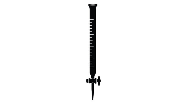 Detailed black silhouette of a laboratory burette with clear measurement markings and a stopcock valve for precise titration experiments isolated on a clean white background