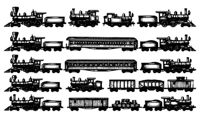 Hand drawn vintage railway locomotive illustration set with steam trains and retro transport engraving vector collection © RUBINA