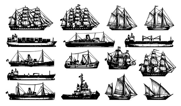 Hand drawn ship sketch illustration with vintage nautical vessel sailing boat on white background vector artwork