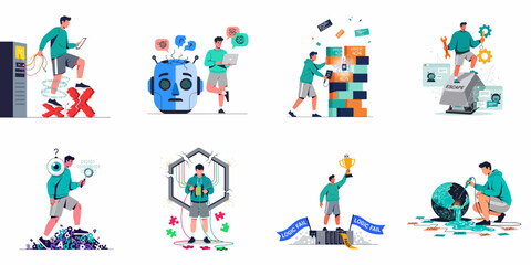Fototapeta premium Set of flat vector illustrations depicting various technology errors, IT troubleshooting, system failures, and software bug concepts with a character.