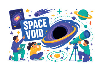 Fototapeta premium Black Hole Space Black Hole Space Banner with 3 expressive stylized human characters observing an oversized black hole ring beside a giant space telescope, with stars, planet, orbit path, comet, and