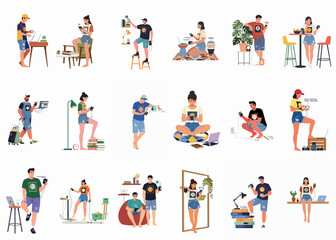 Fototapeta premium Set of diverse character illustrations featuring young men and women using cryptocurrency hardware wallets and digital devices in various everyday life scenarios.