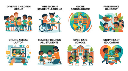 Fototapeta premium Vector Set of Diverse Children Engaging in Educational Activities at School