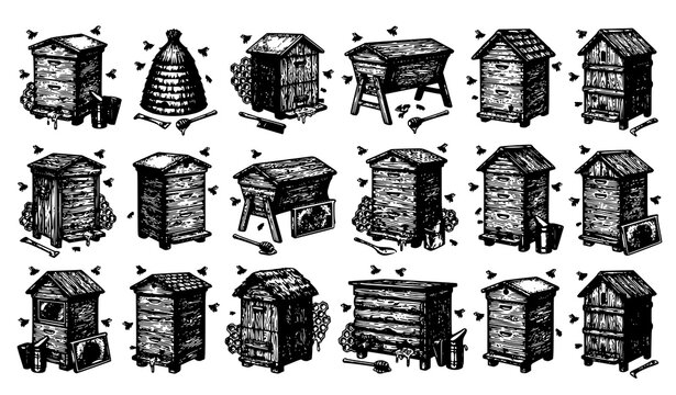 Hand drawn wooden beehive sketch set with bees honey and beekeeping vintage engraving vector illustration