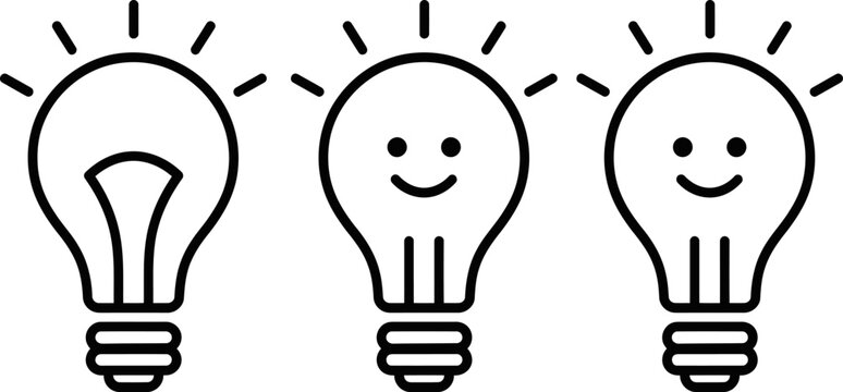 Idea progression: From a dim bulb to bright, smiling ideas. A visual representation of creativity, innovation, and inspiration.