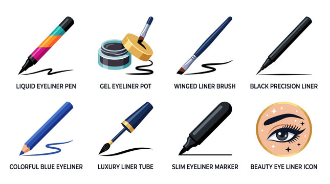 Vector Set of Various Eyeliner Makeup Products Displayed on a Clean Surface