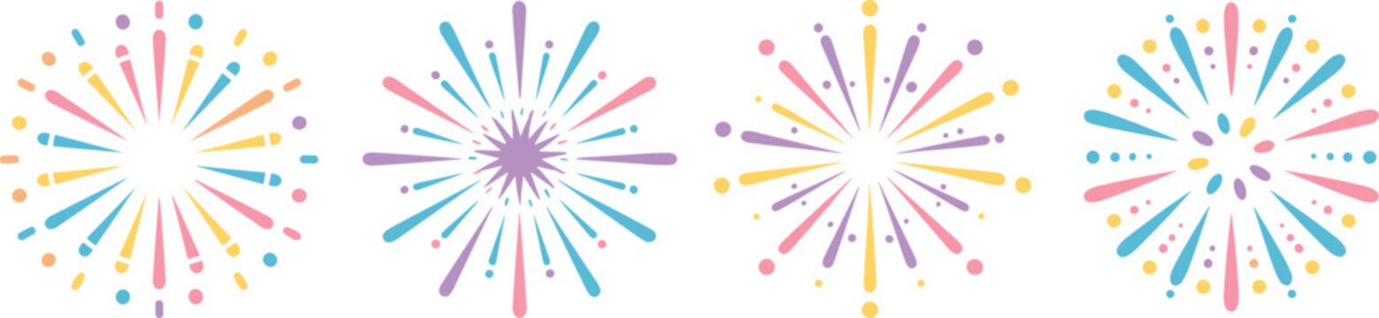 "Festive colorful fireworks vector illustration with vibrant bursts and radiant patterns for celebration, party, and holiday design projects"