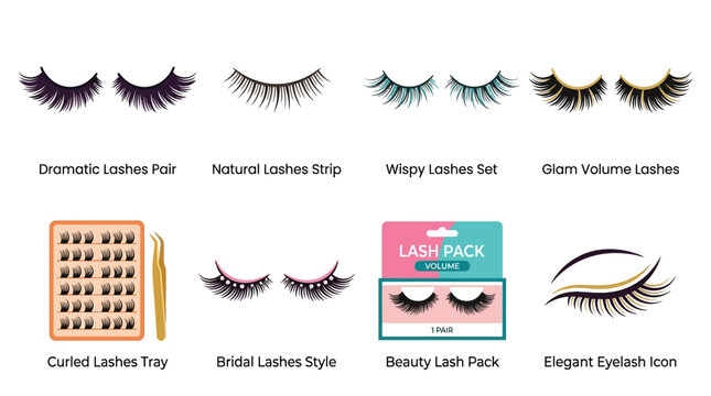 Vector Set of Various False Eyelashes and Lash Packs on Display