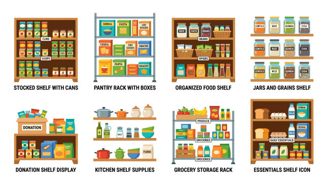 Vector Set of Various Grocery Shelves with Stocked Items for Organized Food Storage and Display in a Modern Kitchen or Supermarket Interior