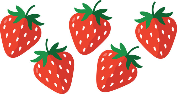 "Bright red cartoon strawberry vector illustration with green leaves, playful scattered pattern, and simple colorful design elements"