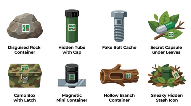Vector Set of various hidden outdoor cache containers including rock, tube, bolt, capsule, box, mini, branch, and stash icons