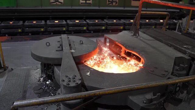 Large industrial induction melting furnace with glowing molten metal and safety first sign