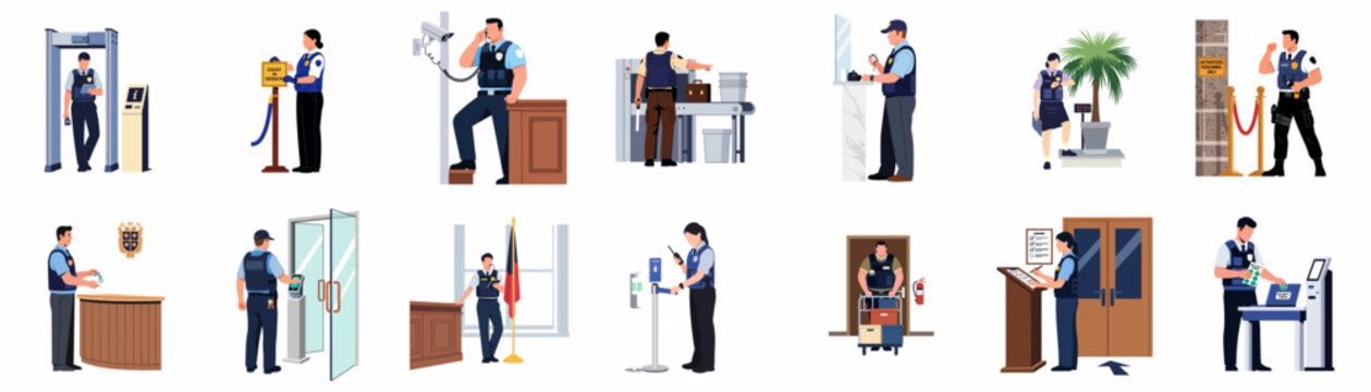 Flat vector illustration set of security guards performing various duties like monitoring, scanning luggage, checking IDs, and guarding entrances in public buildings.