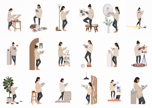Collection of illustrations showing a female graphic designer working on logo designs using a digital tablet in various home and studio environments.