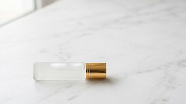 Frosted glass roller bottle with gold cap on marble surface