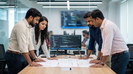 Fototapeta premium Diverse Corporate Tech Team Collaboration Concept: Indian Professionals Reviewing Layouts Around Conference Table in Modern Office