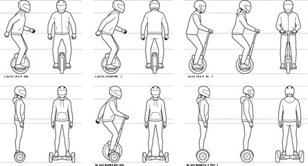 Set of people riding electric personal mobility vehicles, including unicycles, hoverboards, and balance boards, isolated on white background transparent background © SampaRani