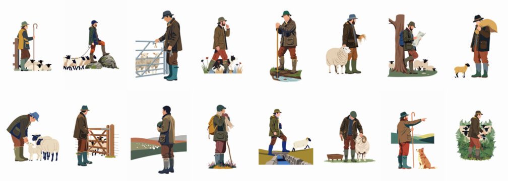 Collection of vector illustrations depicting traditional shepherds and farmers engaged in various rural activities and livestock management in the countryside.