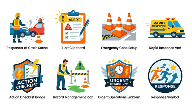 Vector Set of Emergency Response Icons Depicting Rescue Operations at Crash Scene with Various Safety Symbols and Equipment