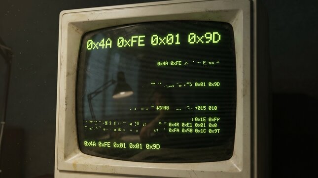An aged CRT computer monitor shows glowing green hexadecimal code and glitched text, conveying a retro, vintage computing, or data processing theme.