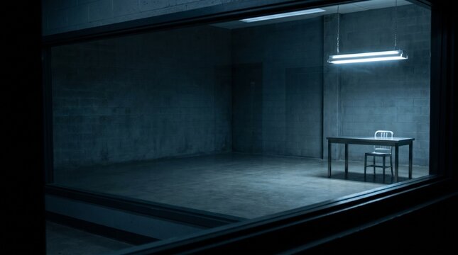 Sterile interrogation room with concrete walls, metal table, and chair, illuminated by harsh fluorescent lights, viewed through a window. Evokes police interview, crime, and justice themes.