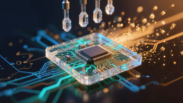 Premium translucent glass microchip with circuit traces and city on dark background, semiconductor technology concept, editorial 3D render with copy space