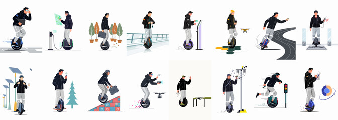 Illustrations of a man using an electric self-balancing unicycle for various daily activities, urban commuting, and high-tech professional tasks in a smart city. © Songo