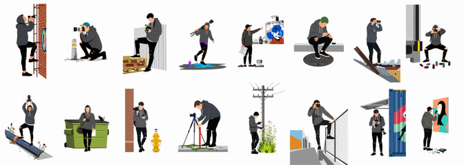 Collection of flat illustrations depicting a man in a grey hoodie engaged in urban photography, exploration, and street art in various city settings. © Songo