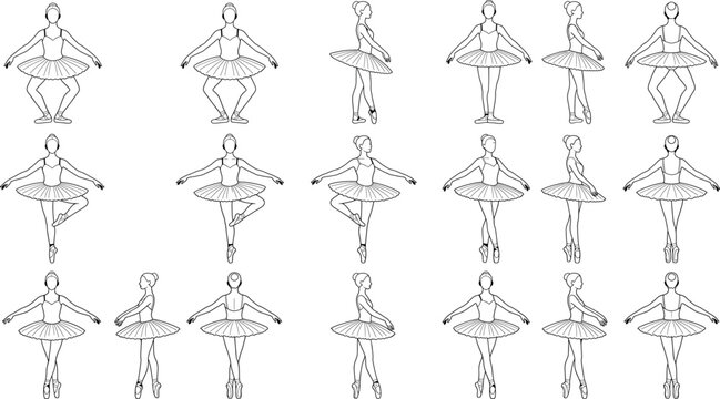 Set of ballet positions, ballerina in tutu performing different dance poses, vector illustration isolated on white background transparent background