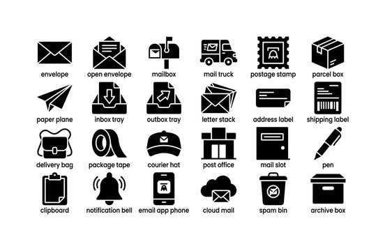 Postal Route Glyphs. Solid glyph icon set of mailing and email delivery: envelope, open envelope, mailbox, mail truck, postage stamp, parcel box, paper plane, inbox tray, outbox tray, letter stack,