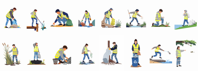 Fototapeta premium Illustrations of young volunteers in high-visibility vests cleaning up trash from various outdoor environments like rivers, forests, and parks.
