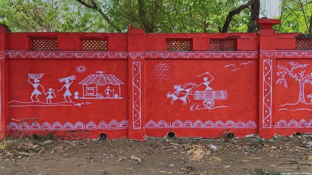 Natural outdoor view of traditional Warli tribal murals painted in white on a terracotta red wall depicting rural life village home family and bullock cart scenes from Maharashtra India