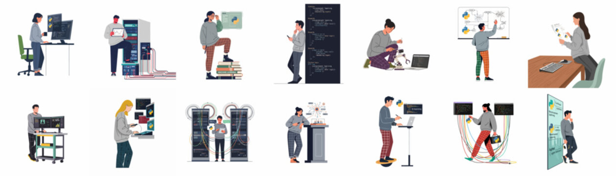Collection of flat vector illustrations featuring diverse professionals working in technology, programming, artificial intelligence, data science, and server management fields.