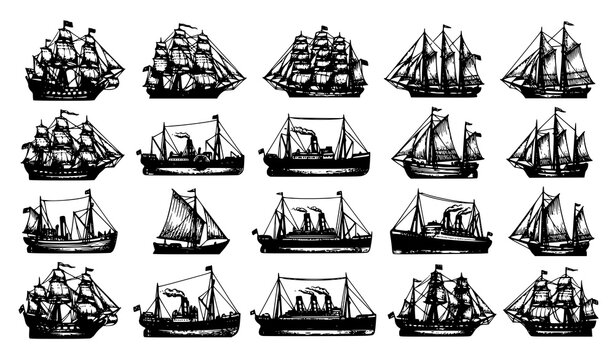 Hand drawn vintage maritime ship illustration set with sailing boats cargo vessels and nautical engraving sketch vector collection